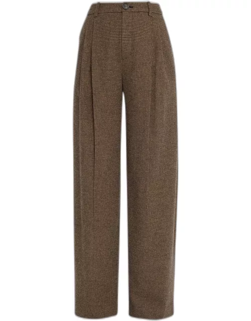 Houndstooth Pleated-Front Straight-Leg Pant