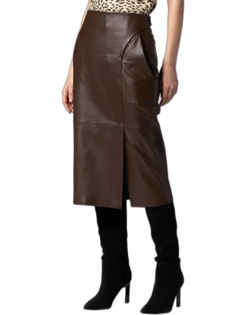 Ashlyn Straight Side-Slit Leather Midi Skirt