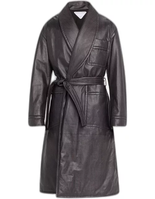 Men's Chevron-Print Leather Shawl Trench Coat