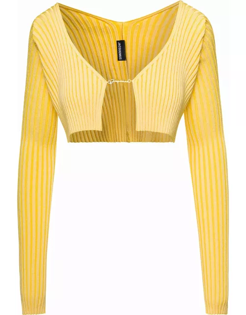 Jacquemus la Maille Pralù Yellow Cropped Cardigan With Golden Logo In Stretch Viscose Woman