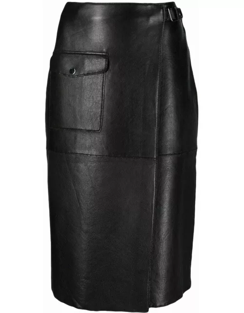 Black leather high-waisted midi skirt