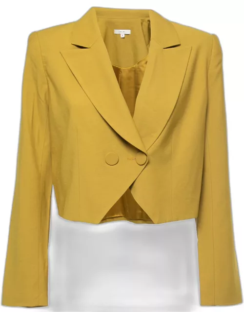 The Sei Mustard Yellow Crepe Double Breasted Crop Blazer