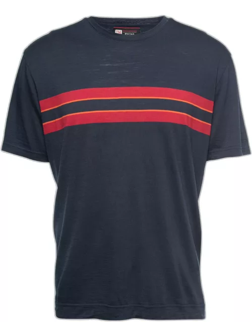 Z Zegna Techmerino Navy Blue Striped Wool Crew Neck T-Shirt