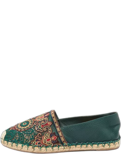 Valentino Green Leather and Lace Espadrille Flat