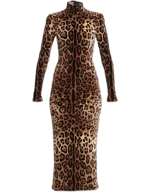 Leopard Jacquard Chenille High-Neck Midi Dres