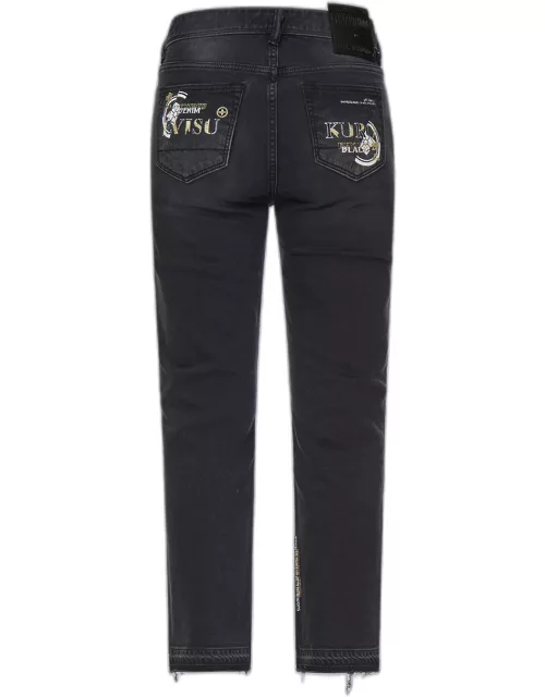 Slashed Kamon and Logo Embroidered Cropped Straight Fit Jean