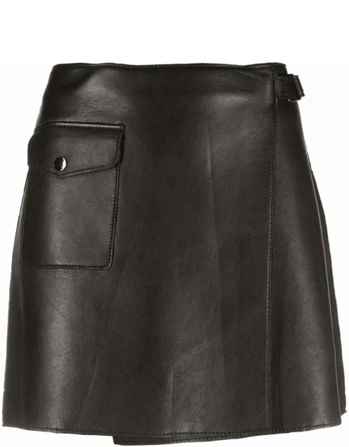 Brown leather wrap mini skirt