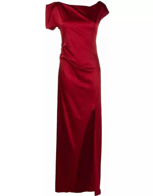 Red asymmetrical draped evening dres