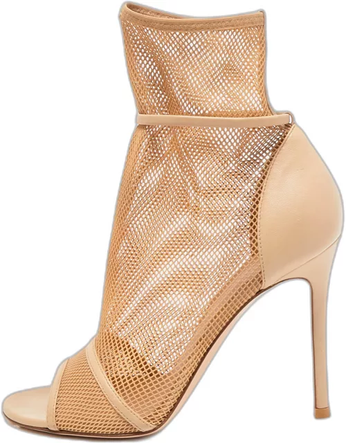 Gianvito Rossi Beige Mesh and Leather Peep Toe Ankle Boot