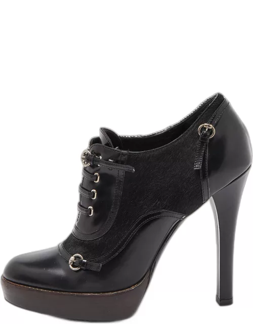Gucci Black Leather and Calf Hair Buckle Detail Platform Ankle Bootie