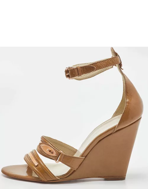Balenciaga Beige Patent Leather Wedge Ankle Strap Sandal
