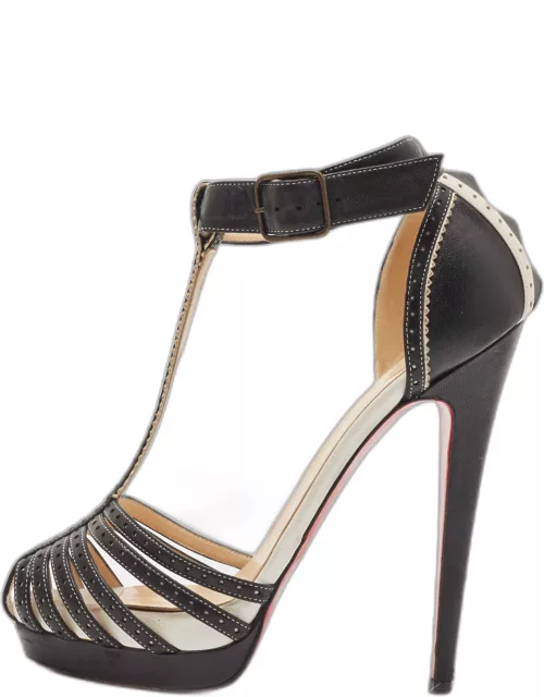 Christian Louboutin Black Perforated Leather Strappy T-Bar Platform Sandal
