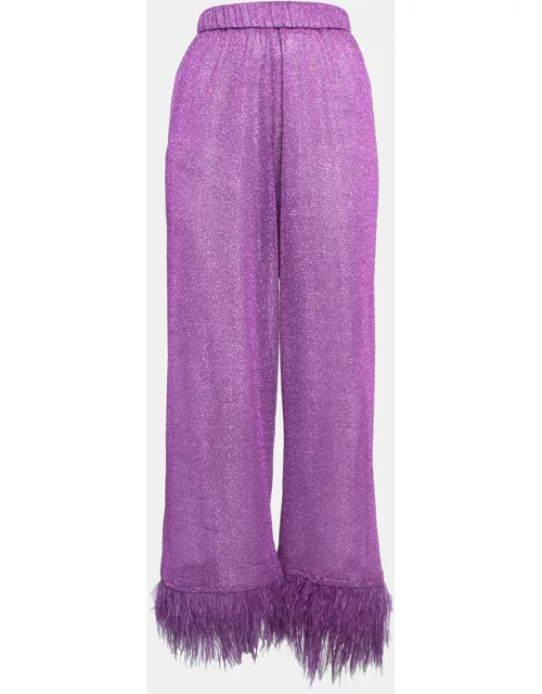 Oseree Purple Lurex Knit Feather Trim Sheer Trousers