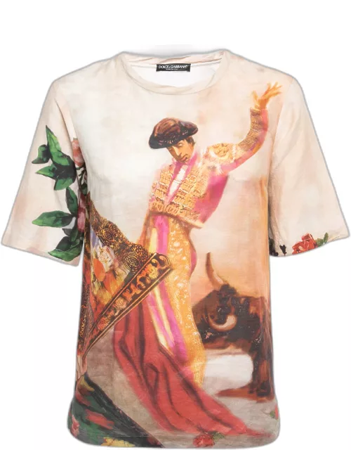 Dolce & Gabbana Multicolor Bull Rider Printed Cotton & Linen T-Shirt
