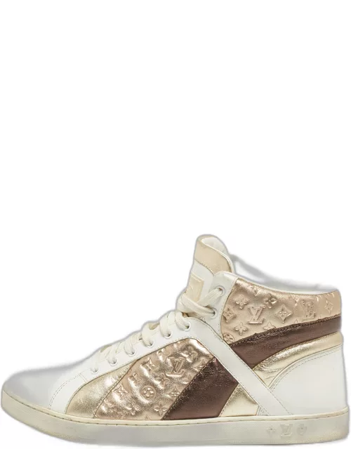 Louis Vuitton Metallic/White Leather and Canvas High Top Sneaker