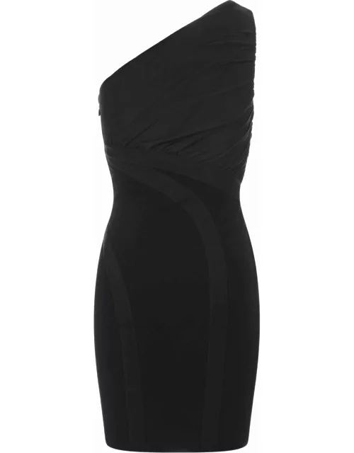 Hervé Léger Black Fabric Mix One-shoulder Mini Dress With Ruffle