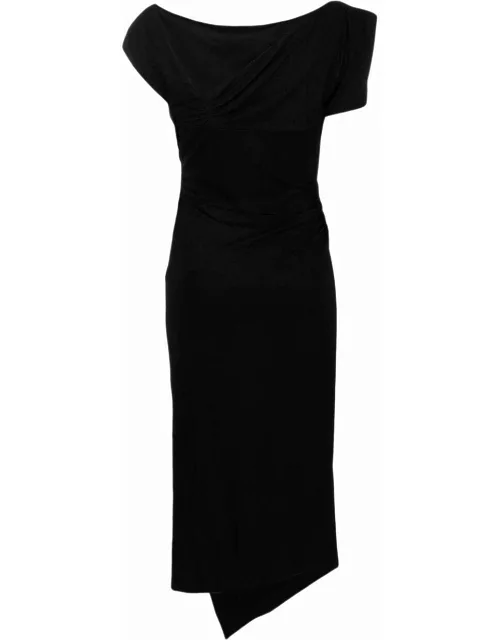 Black asymmetrical midi dress with ruffle