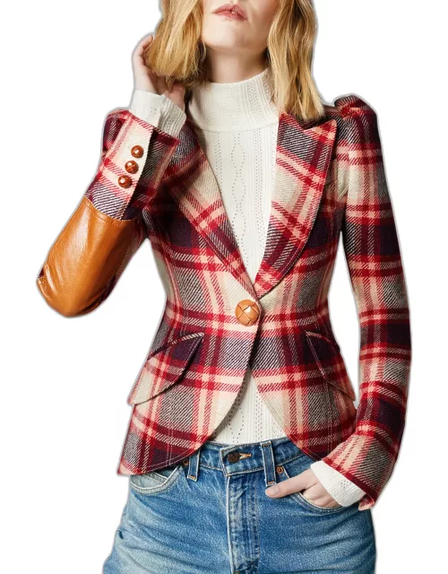 Pouf-Sleeve Single-Breasted Plaid Blazer with Leather Tri