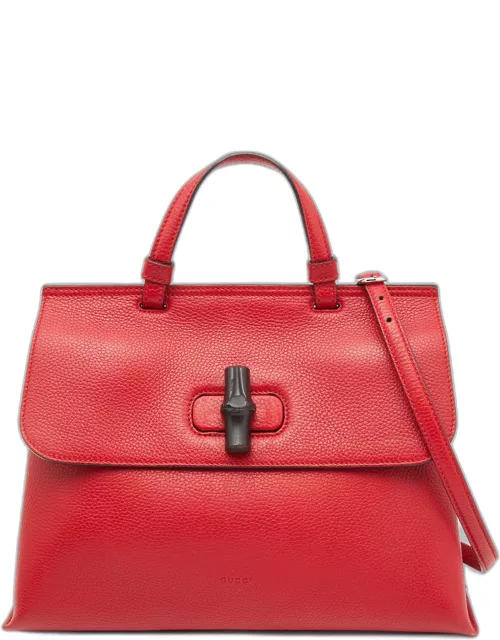 Gucci Red Leather Medium Bamboo Daily Top Handle Bag