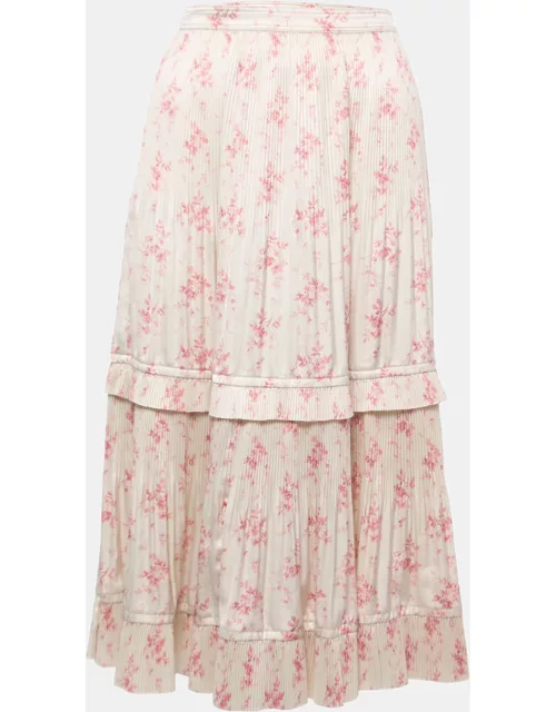 Polo Ralph Lauren Cream Floral Printed Plisse Satin Midi Skirt