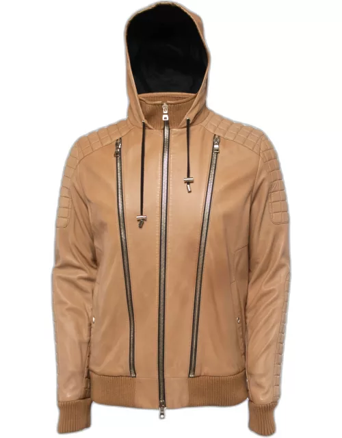 Balmain Beige Lambskin Leather Hooded Jacket