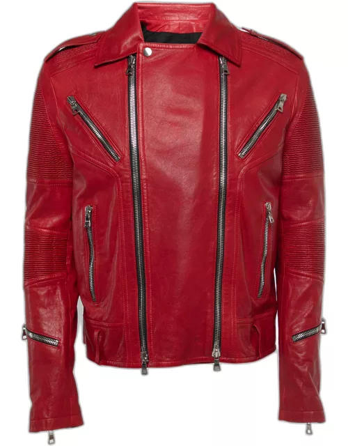 Balmain Red Distressed Leather Moto Biker Jacket