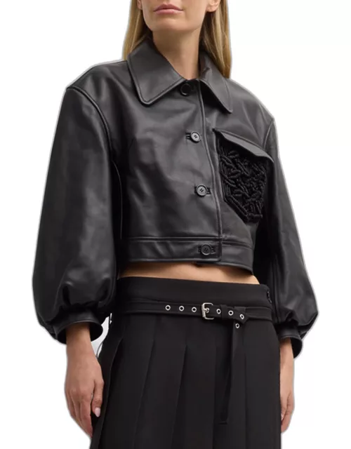 Macrame-Embellished Crop Leather Jacket