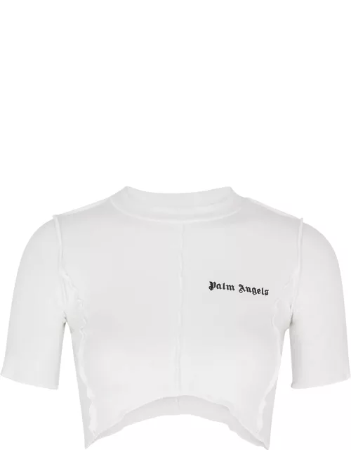 Palm Angels Logo-embroidered Cropped Stretch-cotton T-shirt - White And Black