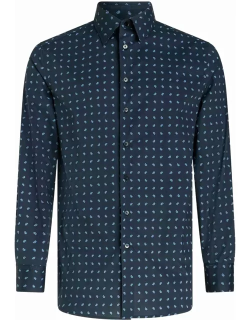 Etro Navy Blue Shirt With Micro Paisley Pattern