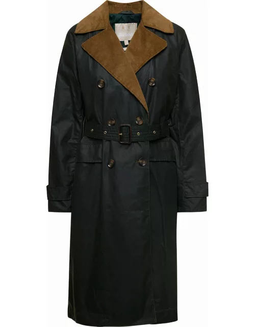 Barbour simone Black Belted Trench Coat With Corduroy Revers In Waxed Cotton Woman