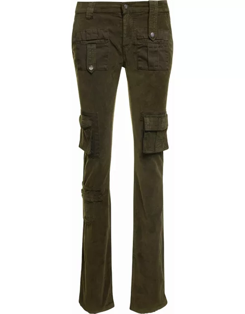 Blumarine Military Green Low-waisted Cargo Pants With Logo Patch In Velvet Woman