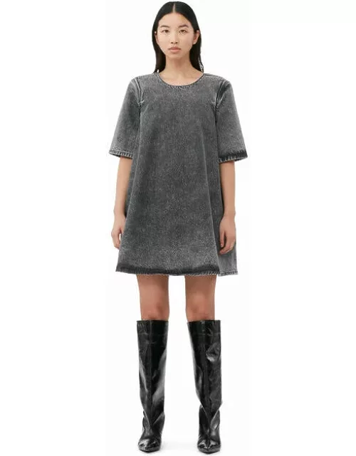 GANNI Black Short Sleeve Snow Washed Denim A-line Mini Dres