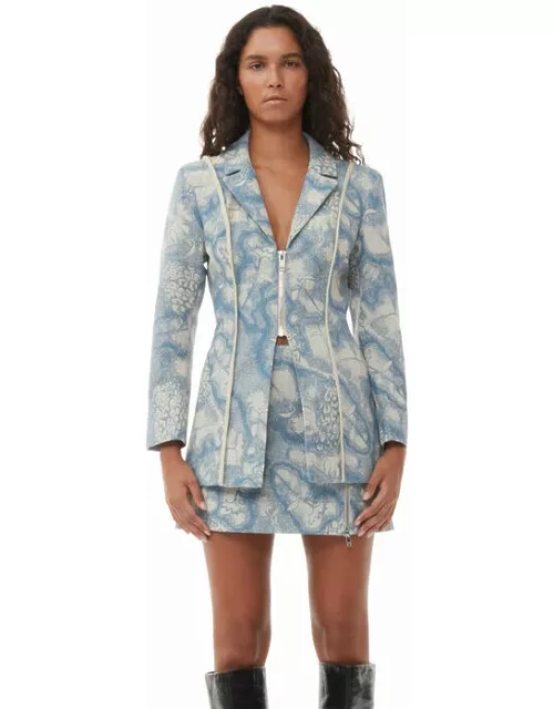 GANNI Long Sleeve Brocade Fitted Blazer in Silver Lake Blue