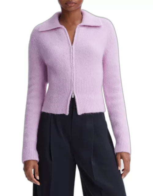 Fuzzy Wool-Knit Zip-Front Cardigan