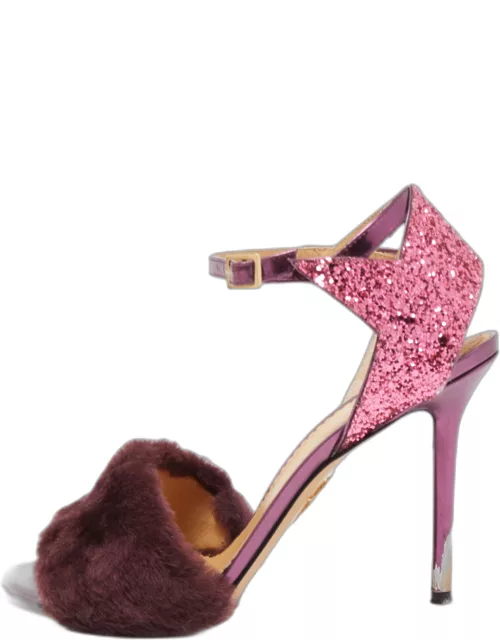 Charlotte Olympia Tricolor Fur and Glitter Caress Me Ankle Strap Sandal