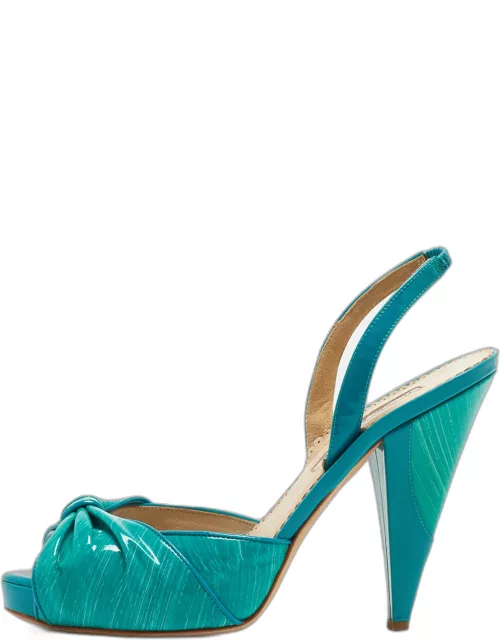 Oscar De La Renta Turquoise Patent Leather Bow Platform Slingback Sandal