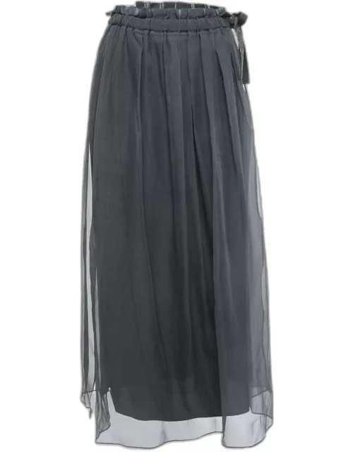 Brunello Cucinelli Grey Silk Midi Skirt