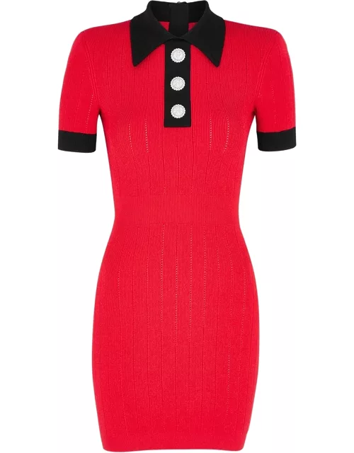 Balmain Ribbed-knit Mini Dress - RED