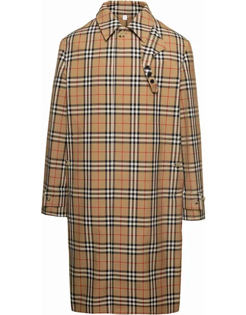Burberry brookvale Beige Coat With All-over Vintage Check Motif In Cotton Blend Man