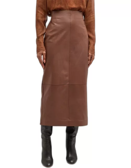 Paneled Leather Midi Pencil Skirt