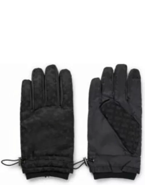 Padded gloves with tonal monogram details and flannel lining- Black Men's Glove