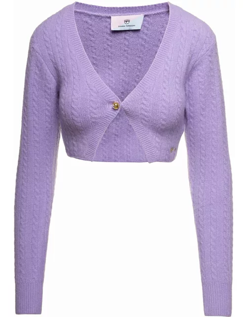 Chiara Ferragni Purple Cable-knit Cropped Cardigan With Embroidered Logo In Stretch Wool Blend Woman