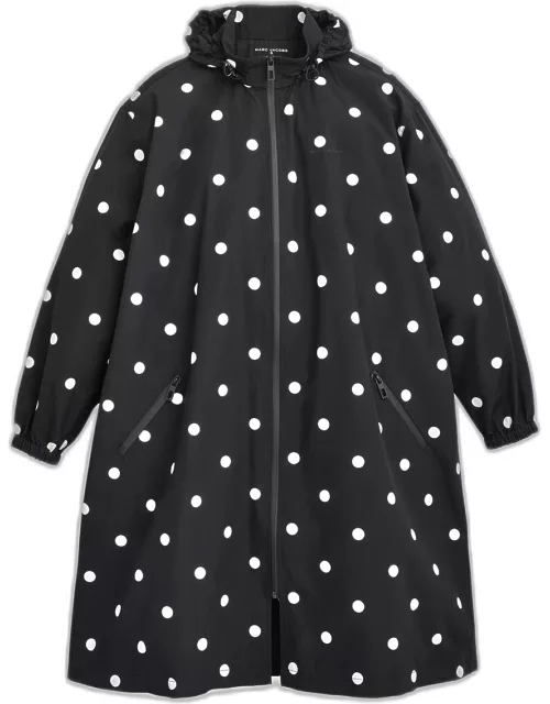 Spots-Print Hooded Long Windbreaker Jacket