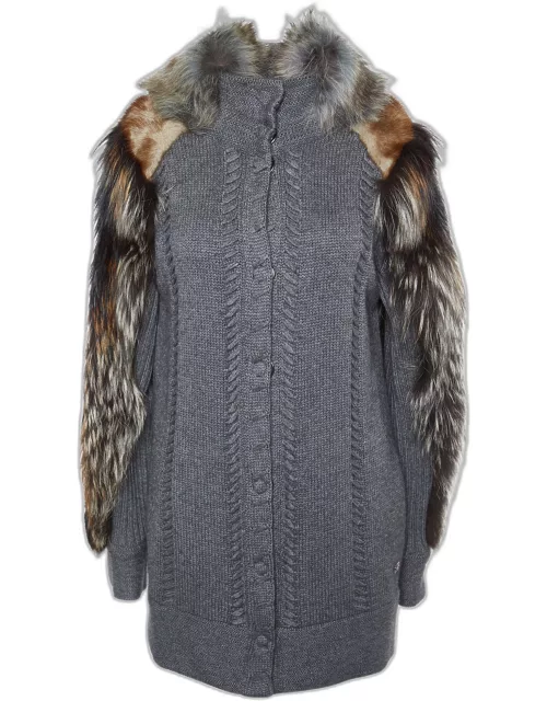 Roberto Cavalli Grey Wool & Silk Knit Fur Collar Sweater