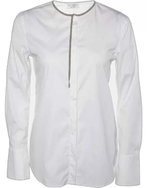 Brunello Cucinelli White Cotton Monili Detail Collarless Shirt