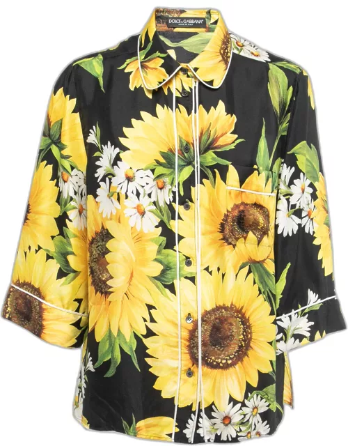 Dolce & Gabbana Black Sunflower Printed Silk Pajama Top
