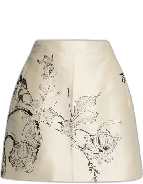 Floral-Print Silk Wool Mini Skirt