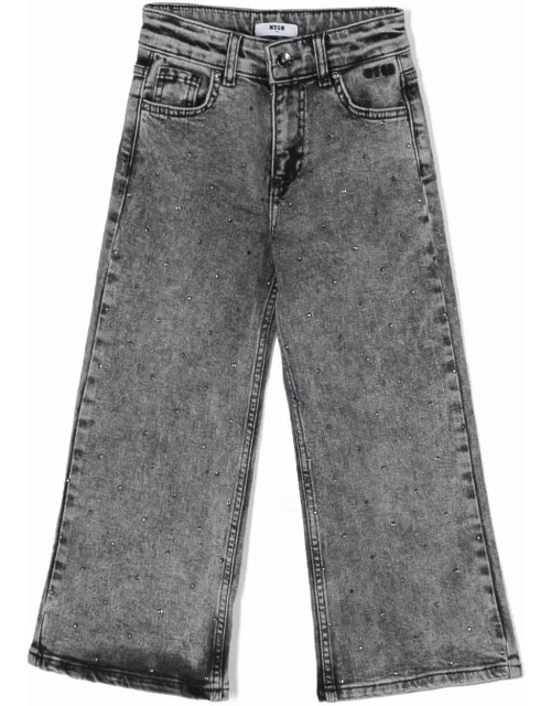 MSGM Wide-leg Jeans In Grey Denim With Rhinestone