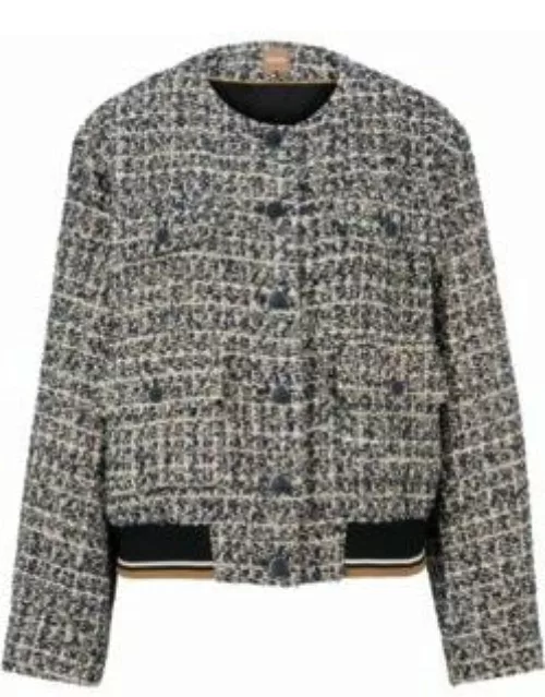 Relaxed-fit tweed jacket with ribbed trims- Patterned Women's Tailored Jacket
