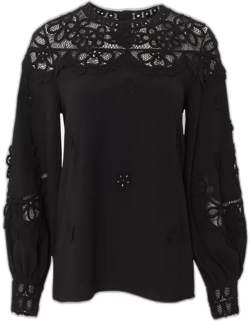 Embroidered Puff-Sleeve Top with Lace Panel